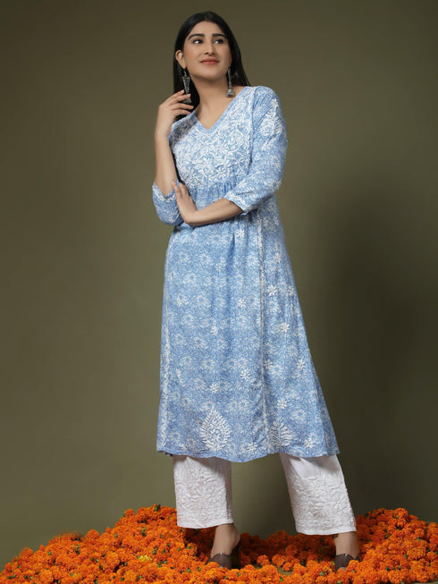 Hand embroidery Chikankari V neck Anarkali Dress | Long Kurti in Cotton For Women 2